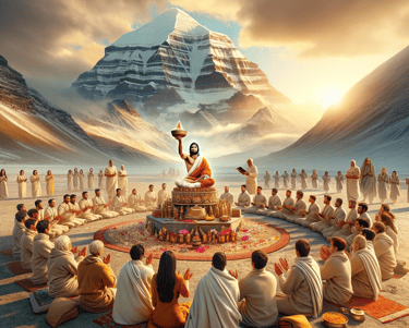 a group of people sitting around a yogi performing yoga rituals