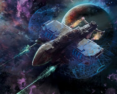 A spaceship firing its plasma cannons in front of a planet