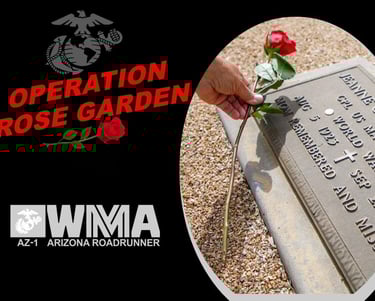 Operation Rose Garden graphic, displaying a rose being placed on the grave of a marine