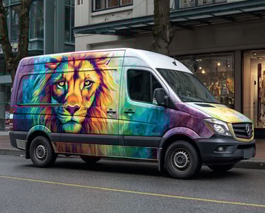 a van with a lion on it's side