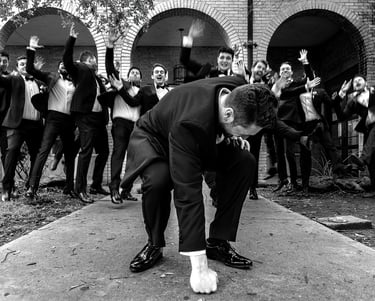 fun groomsmen photo at church in Austin by katy rox photographer