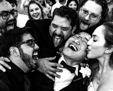 Fun bridal Party image of the groom and bride by Katy Rox Photography