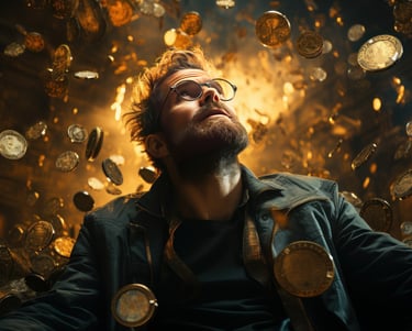 Homem de barba e óculos olhando para o alto, com moedas de ouro caindo ao fundo.