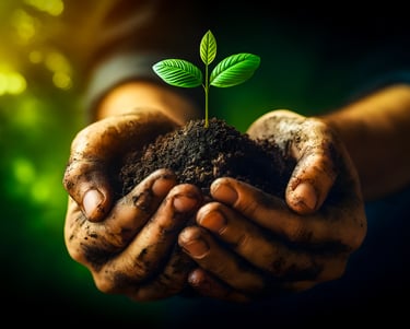Person holding a plant in their hands, symbolizing growth and development.