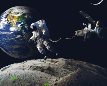 Astronauta na Lua com árvores crescendo e a Terra ao fundo, simbolizando o valor das riquezas pessoa