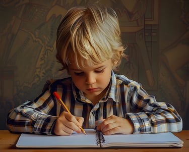 Young boy doing homework, symbolizing learning and education