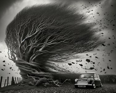 Illustration of a 1961 Austin Mini in the line of a storm