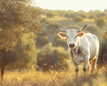 A young white bull amongst the olive trees on an Andalusian property