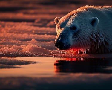 A polar bear coming out of the water on a red sunset evening