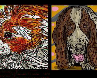 a group of four dogs with their faces painted on them