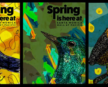 three different colored birds in a row of four different colors