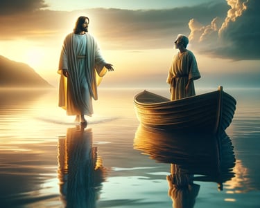 jesus walking on the water with a boat