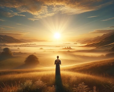 a man standing in a field with a sunset
