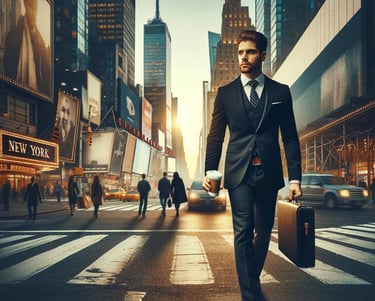a man in a suit and tie walking across a city street