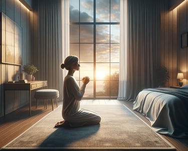 a woman sitting on a rug in a bedroom