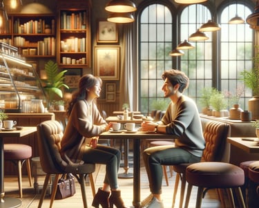 a couple sitting at a table in a restaurant