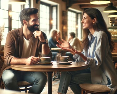 a man and woman sitting at a table