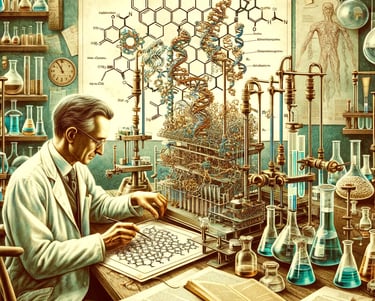 a man in a lab coat is looking at a large scale model of a science