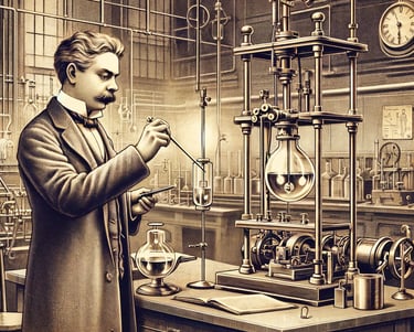 a man in a lab coat is holding a pipe and a pipe