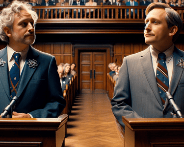 two men in suits and ties standing in front of a courtroom