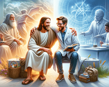 Jesus sentado con un cientifico