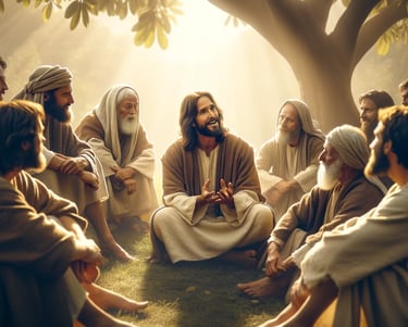 Jesus sitting in a circle with a group of people