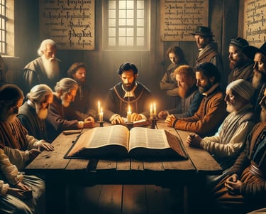 a group of people sitting around a table with candles