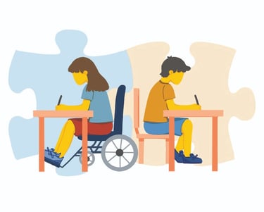 a disabled girl sitting on a wheel chair doing homework next to a boy. 2 puzzle pieces in the back