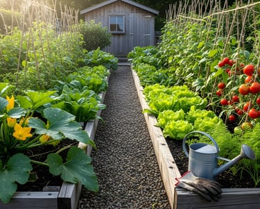 A vibrant organic vegetable garden with raised beds, using worm castings.