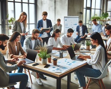 a group of people sitting around a table with laptops
