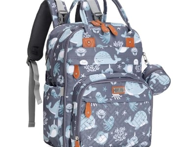 Diaper bag backpack with pacifier holder and quick snap stroller hanging straps