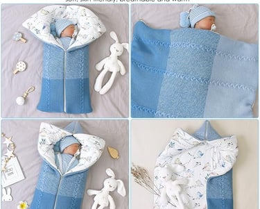 Knitted shell baby sleeping bag with cotton liner. Zipper access to open and convert to a baby blanket.