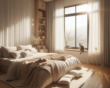 a cat sitting on a bed in a bedroom