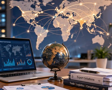Global trade dashboard with international connectivity, logistics planning and business operations.