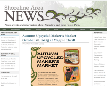 Shoreline News paper annoucing Autumn Upcycled Maker's Market Oct 18, 2025