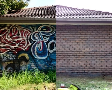 Graffiti removal from side of building in toronto, before and after