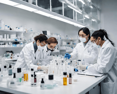 scientists in a lab formulating cosmetics in skincare