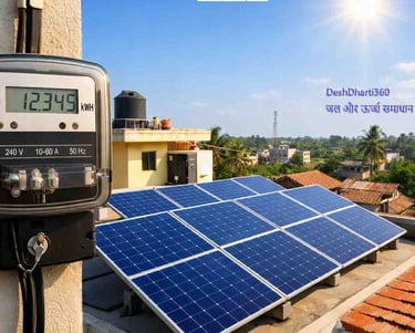 भारतीय घर की छत पर लगा 3 किलोवाट सोलर पैनल सिस्टम और सामने डिजिटल बिजली मीटर