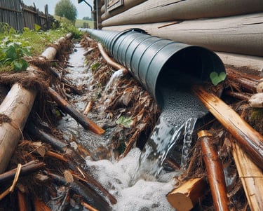 A downspout on a house with debris