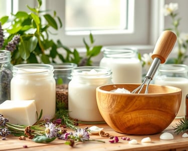 A serene, beautifully arranged workspace featuring various herbal body butter ingredients; glass jar