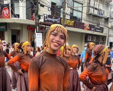 a woman in a brown outfit is smiling and holding a basket