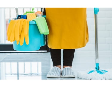 a woman in a yellow dress holding a mop and cleaning supplies