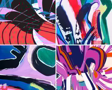 4 bright abstract artworks, 2 painted 2 digital 