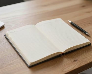 Close-up of a minimalist wooden desk in Bergamo, a structured notebook with clean logical diagrams, a mechanical pencil, soft natural morning light, negative space.