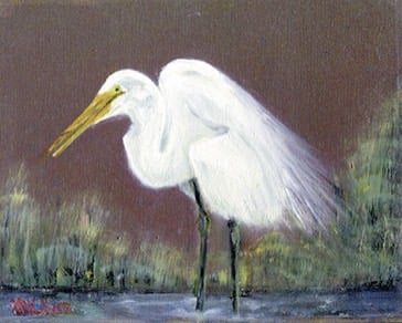 a painting of a white egret standing in a pond
