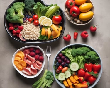 A friendly nutritionist consulting with a client over fresh vegetables and fruits.