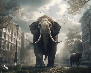 a elephant walking down a street with a lot of elephants