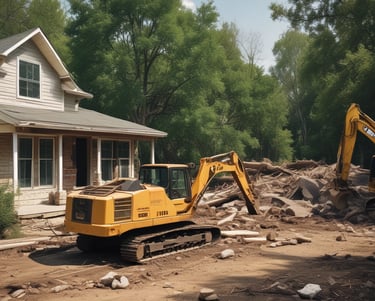 A construction worker reviewing blueprints at a renovation site.