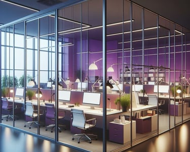 Modernus biuras su violetinėmis sienomis ir stiklo pertvaromis