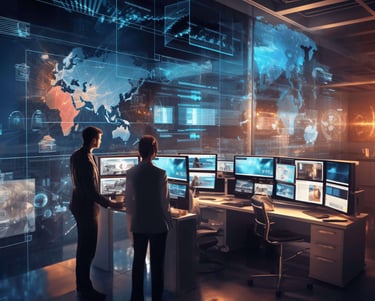 two people standing in front of a large screen with multiple screens